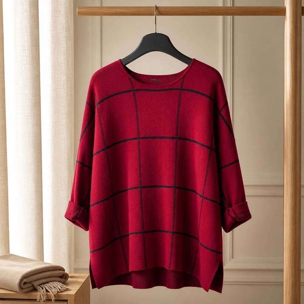 Tahari Women's Red and Black Windowpane Grid Pullover Sweater